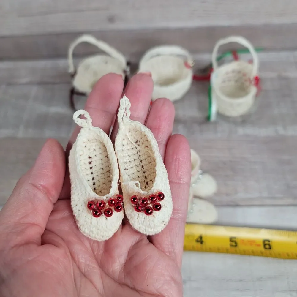 Vintage Crochet Christmas Ornaments Handmade Boho Bells Baskets Booties Slippers